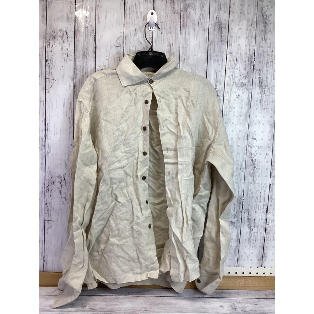 Women Shirt Large Tan Linen Chambray Button Down Long Sleeve